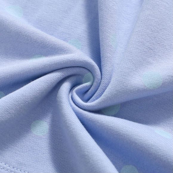 A blue baby dress featuring a polka dot pattern and cartoon embroidery, perfect for girls aged 12 months to 10 years.