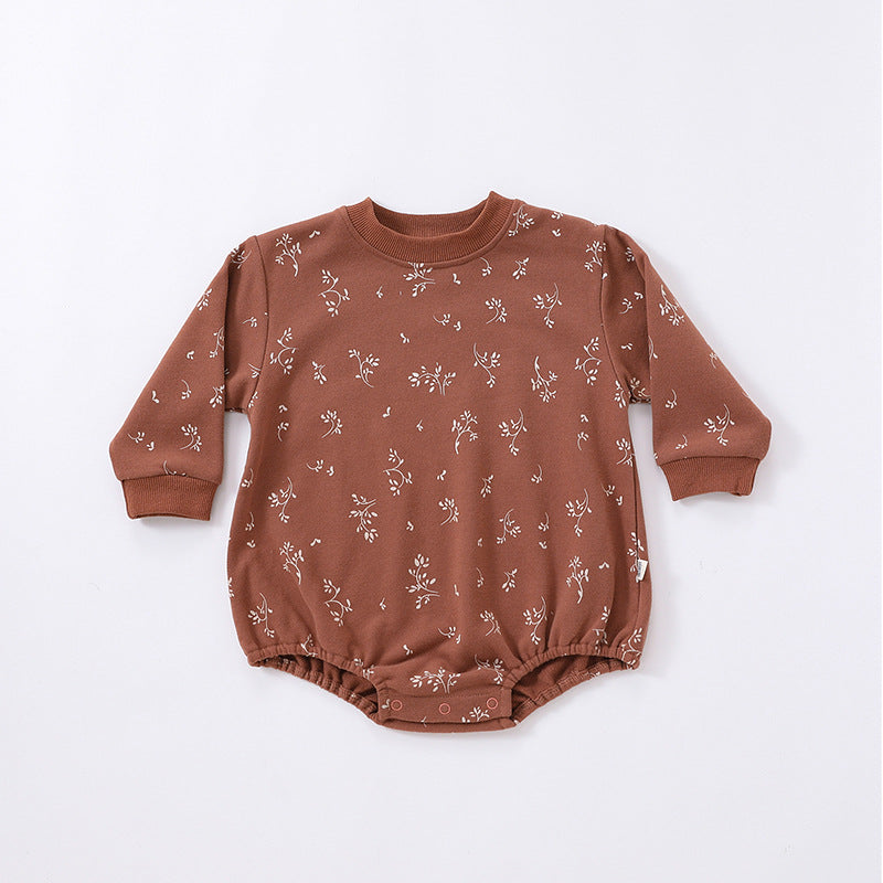 Baby Print Pattern Crewneck Long Sleeve Onesie in beige with triangle detailing, featuring floral and cartoon designs.