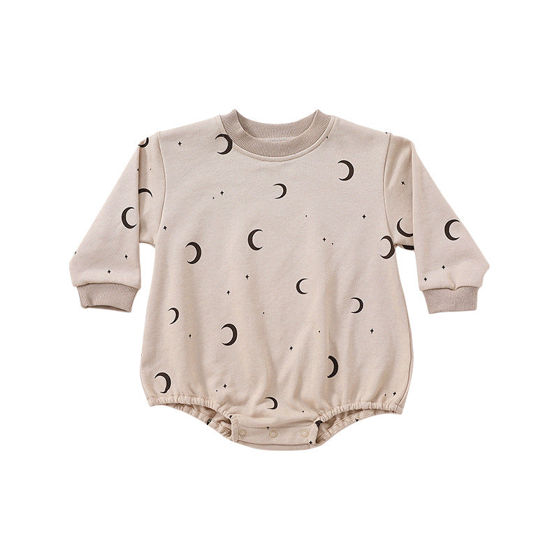 Baby Print Pattern Crewneck Long Sleeve Onesie in beige with triangle detailing, featuring floral and cartoon designs.