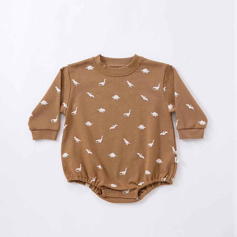 Baby Print Pattern Crewneck Long Sleeve Onesie in beige with triangle detailing, featuring floral and cartoon designs.