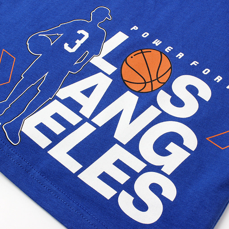 A stylish Baby Print Pattern Crewneck Short Sleeve Cotton T-Shirt featuring a playful letters design, available in white, black, and blue colors.