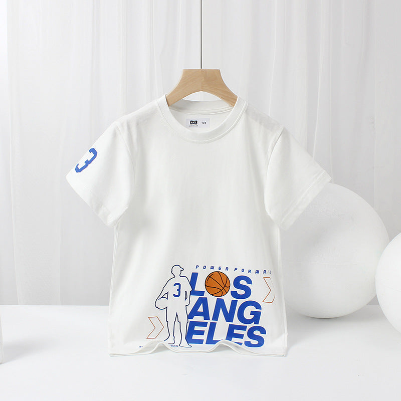 A stylish Baby Print Pattern Crewneck Short Sleeve Cotton T-Shirt featuring a playful letters design, available in white, black, and blue colors.