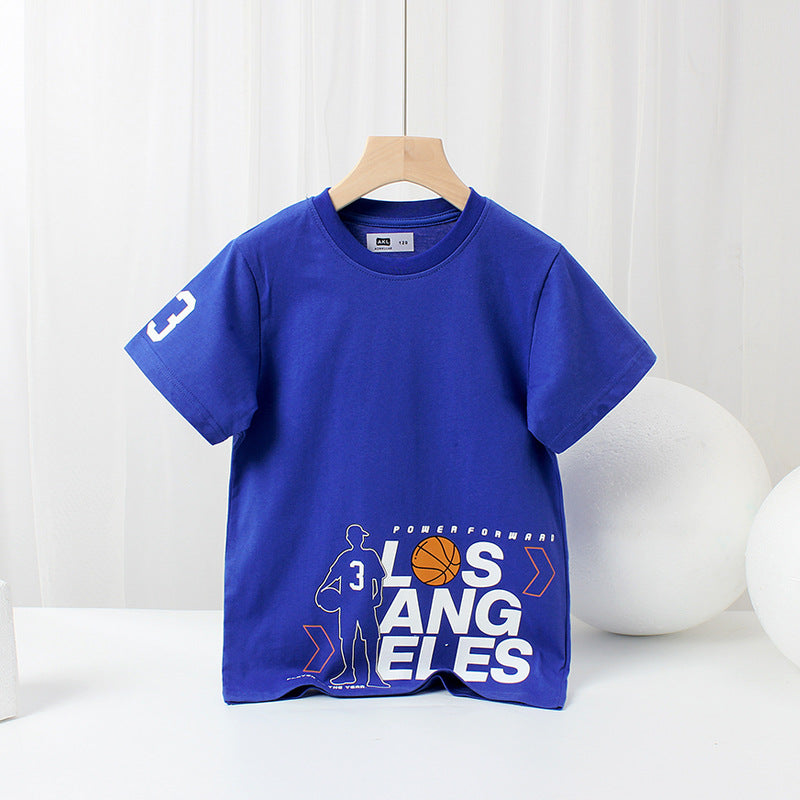 A stylish Baby Print Pattern Crewneck Short Sleeve Cotton T-Shirt featuring a playful letters design, available in white, black, and blue colors.