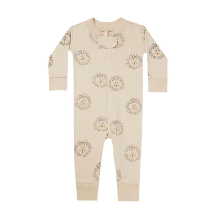 A soft cotton baby romper featuring a full zipper design with floral and animal patterns in purple, green, apricot, and brown colors.