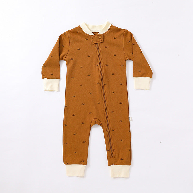 A soft cotton baby romper featuring a full zipper design with floral and animal patterns in purple, green, apricot, and brown colors.