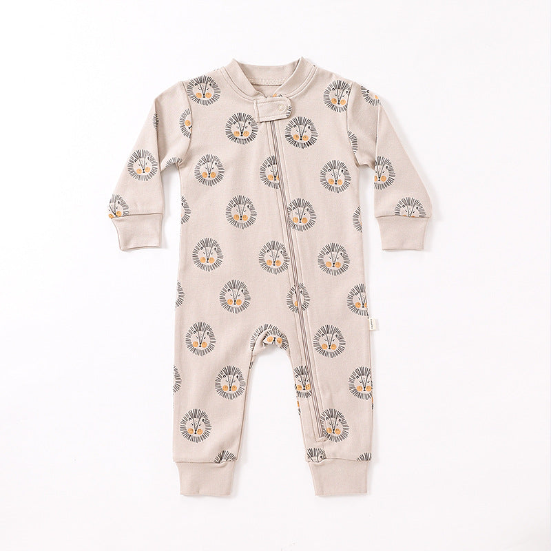 A soft cotton baby romper featuring a full zipper design with floral and animal patterns in purple, green, apricot, and brown colors.