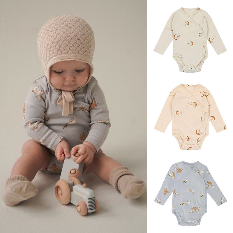 Baby Print Pattern Side Button Design Long Sleeve Onesies in pink, blue, and apricot with floral, animal, and cartoon patterns.