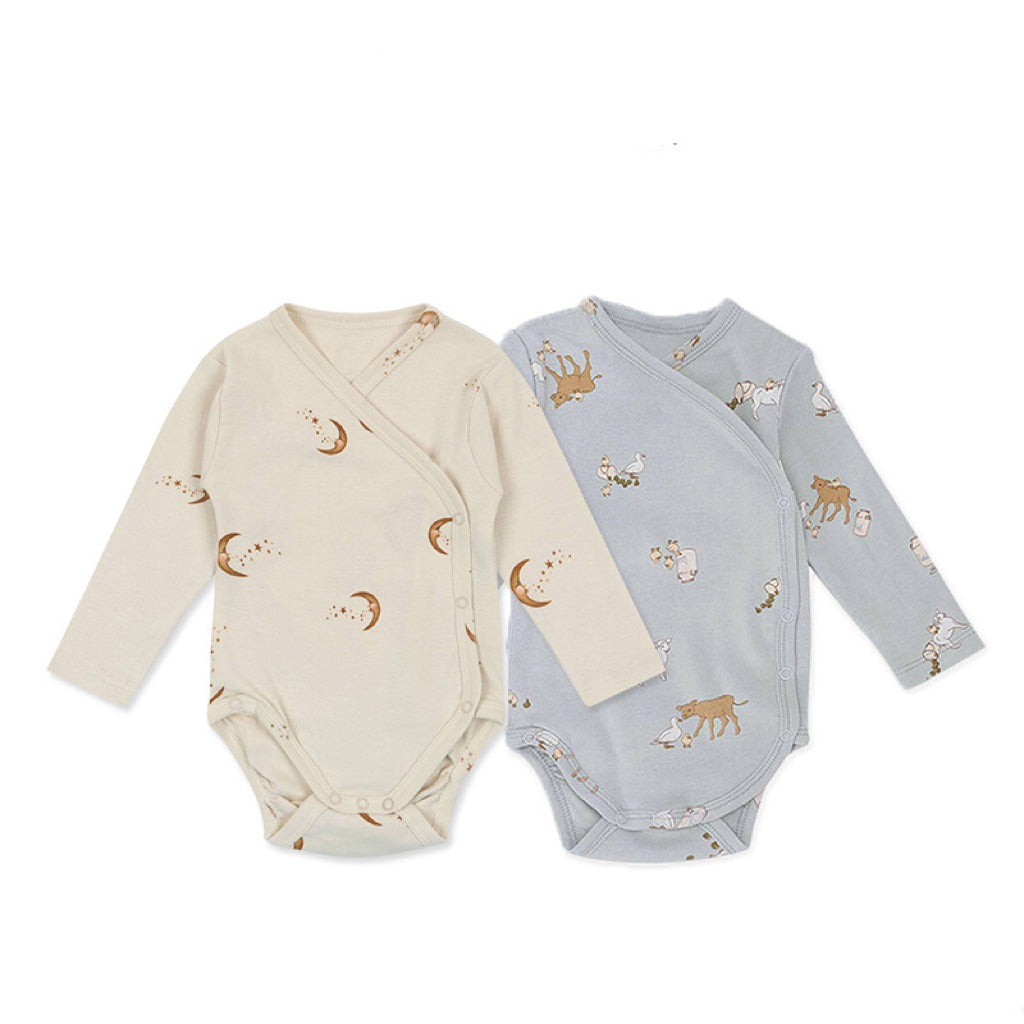 Baby Print Pattern Side Button Design Long Sleeve Onesies in pink, blue, and apricot with floral, animal, and cartoon patterns.