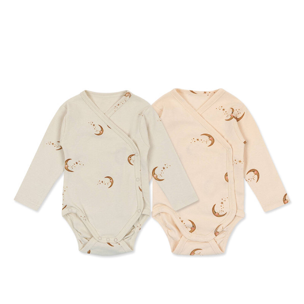 Baby Print Pattern Side Button Design Long Sleeve Onesies in pink, blue, and apricot with floral, animal, and cartoon patterns.