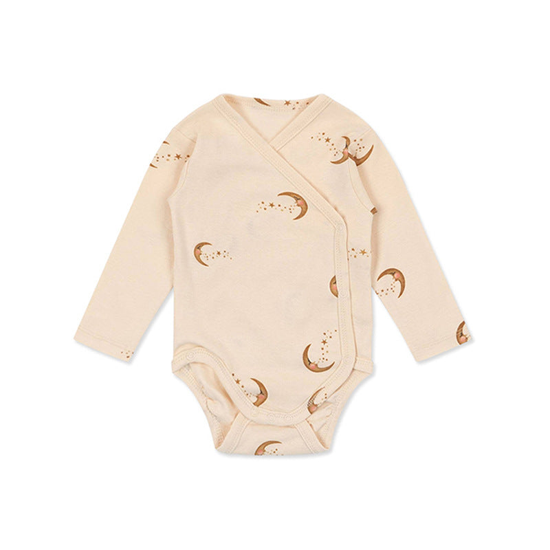 Baby Print Pattern Side Button Design Long Sleeve Onesies in pink, blue, and apricot with floral, animal, and cartoon patterns.