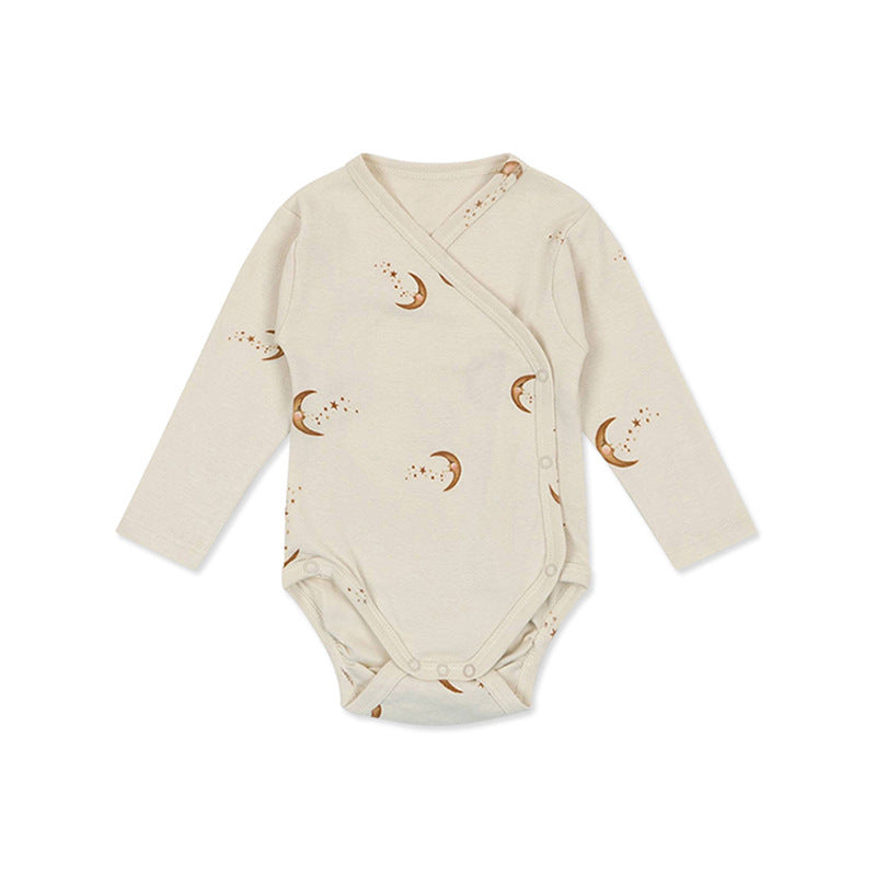 Baby Print Pattern Side Button Design Long Sleeve Onesies in pink, blue, and apricot with floral, animal, and cartoon patterns.