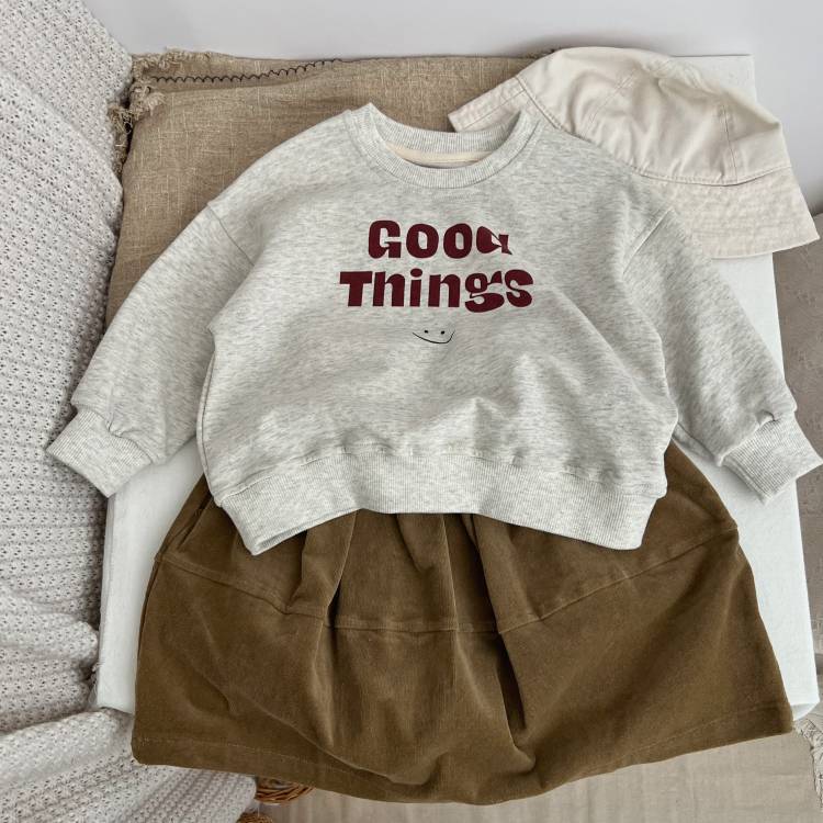A grey Baby Slogan Print Pattern O-Neck Pullover Hoodie featuring playful letter prints, perfect for babies.