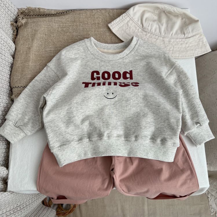 A grey Baby Slogan Print Pattern O-Neck Pullover Hoodie featuring playful letter prints, perfect for babies.