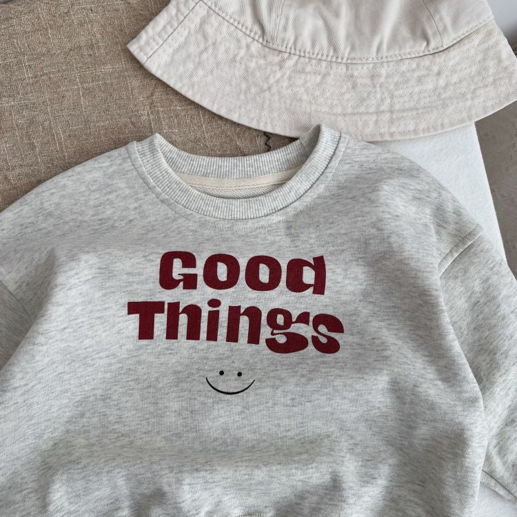 A grey Baby Slogan Print Pattern O-Neck Pullover Hoodie featuring playful letter prints, perfect for babies.
