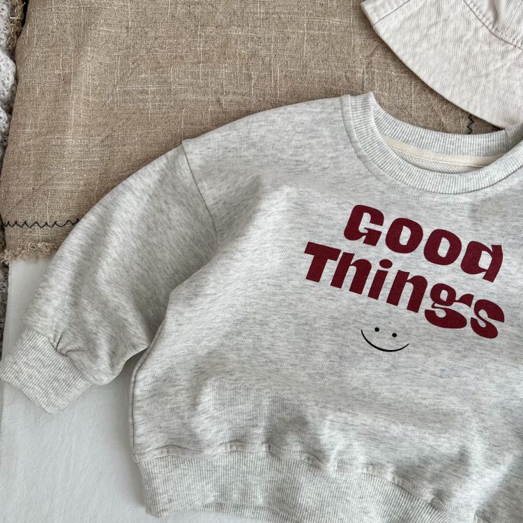 A grey Baby Slogan Print Pattern O-Neck Pullover Hoodie featuring playful letter prints, perfect for babies.