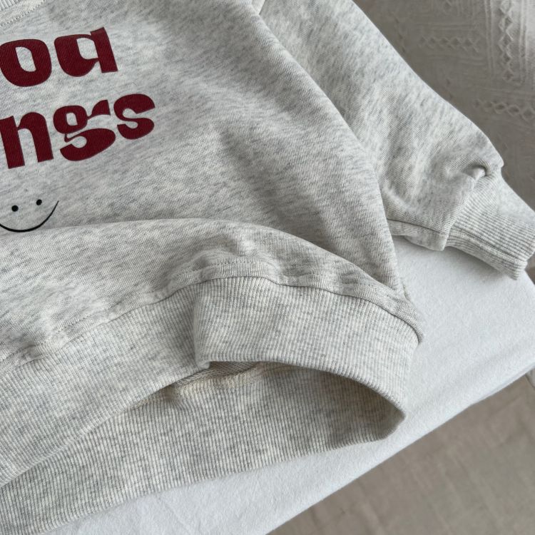 A grey Baby Slogan Print Pattern O-Neck Pullover Hoodie featuring playful letter prints, perfect for babies.