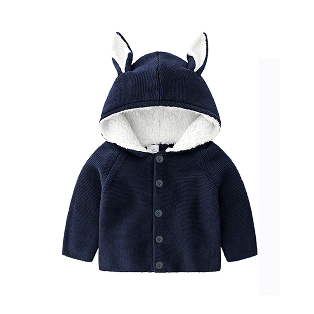 A cozy knitted cardigan for babies featuring a solid color design with bunny ears, available in pink and navy blue, perfect for chilly weather.