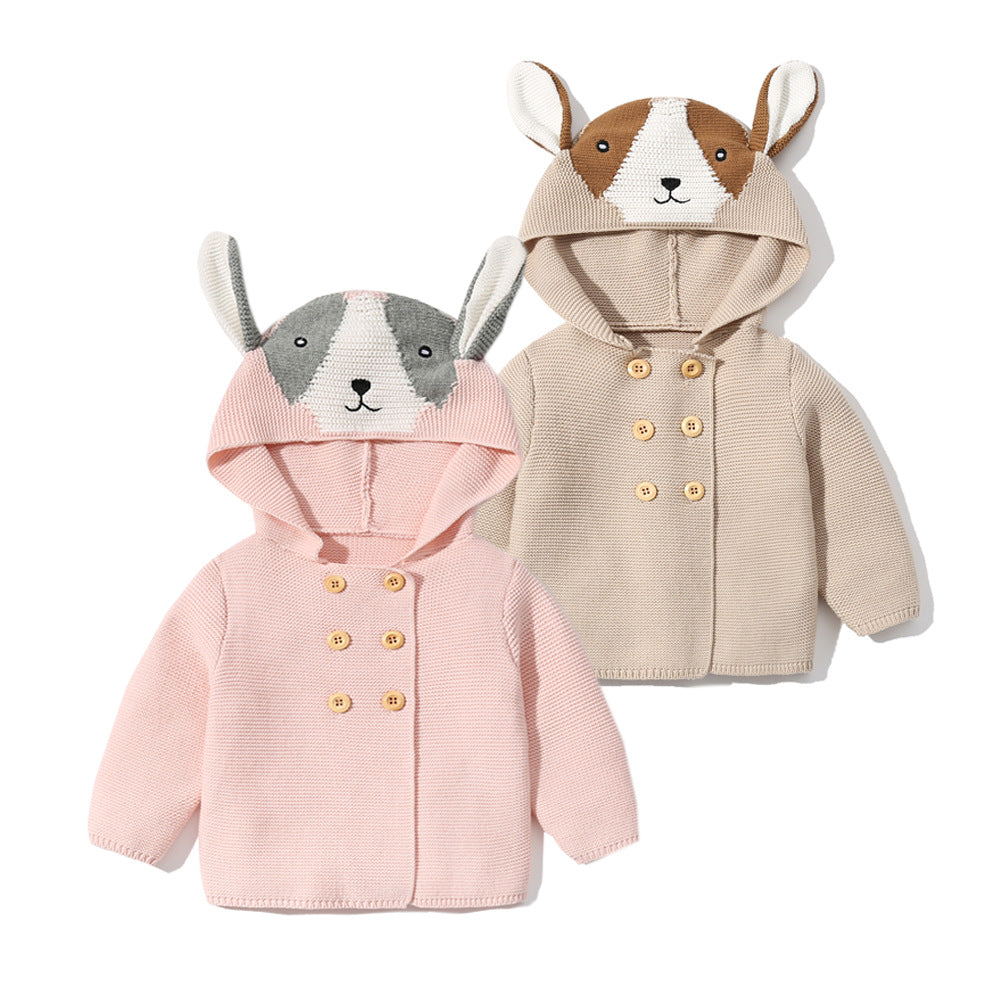 A stylish Baby Solid Color Cartoon Design Hooded Knitted Fashion Cardigan in pink and khaki, featuring a cute cartoon design, perfect for babies.