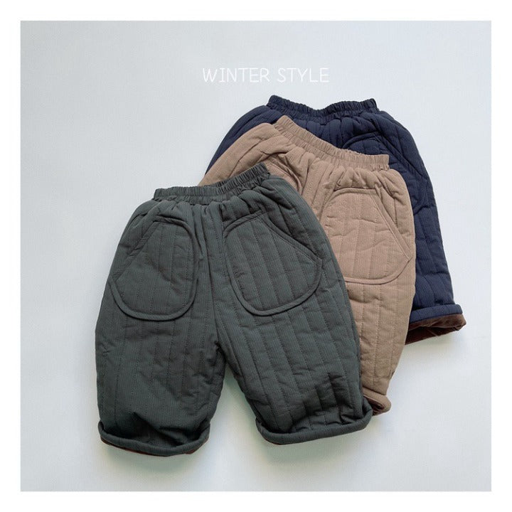 Baby Solid Color Cotton Quilted Winter Pants in Navy Blue, Green, and Khaki, showcasing soft cotton material and quilted design.