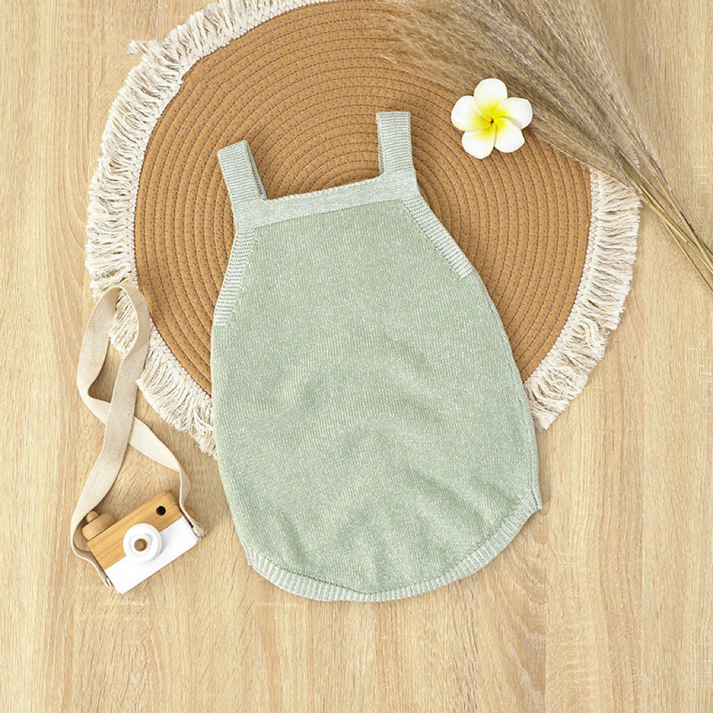 Baby Solid Color Crochet Knitted Design Sling Onesies in blue and green, showcasing soft cotton material and playful knitted design.