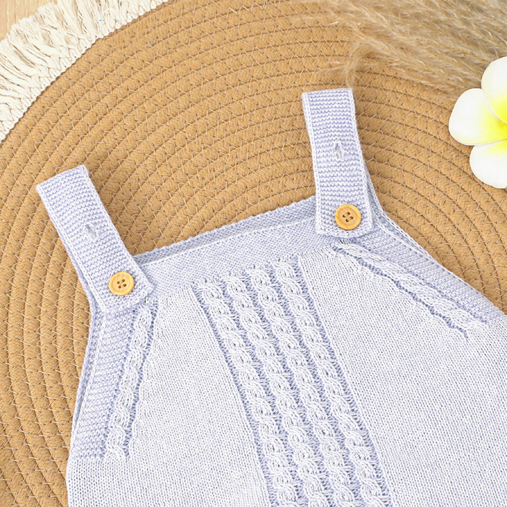 Baby Solid Color Crochet Knitted Design Sling Onesies in blue and green, showcasing soft cotton material and playful knitted design.