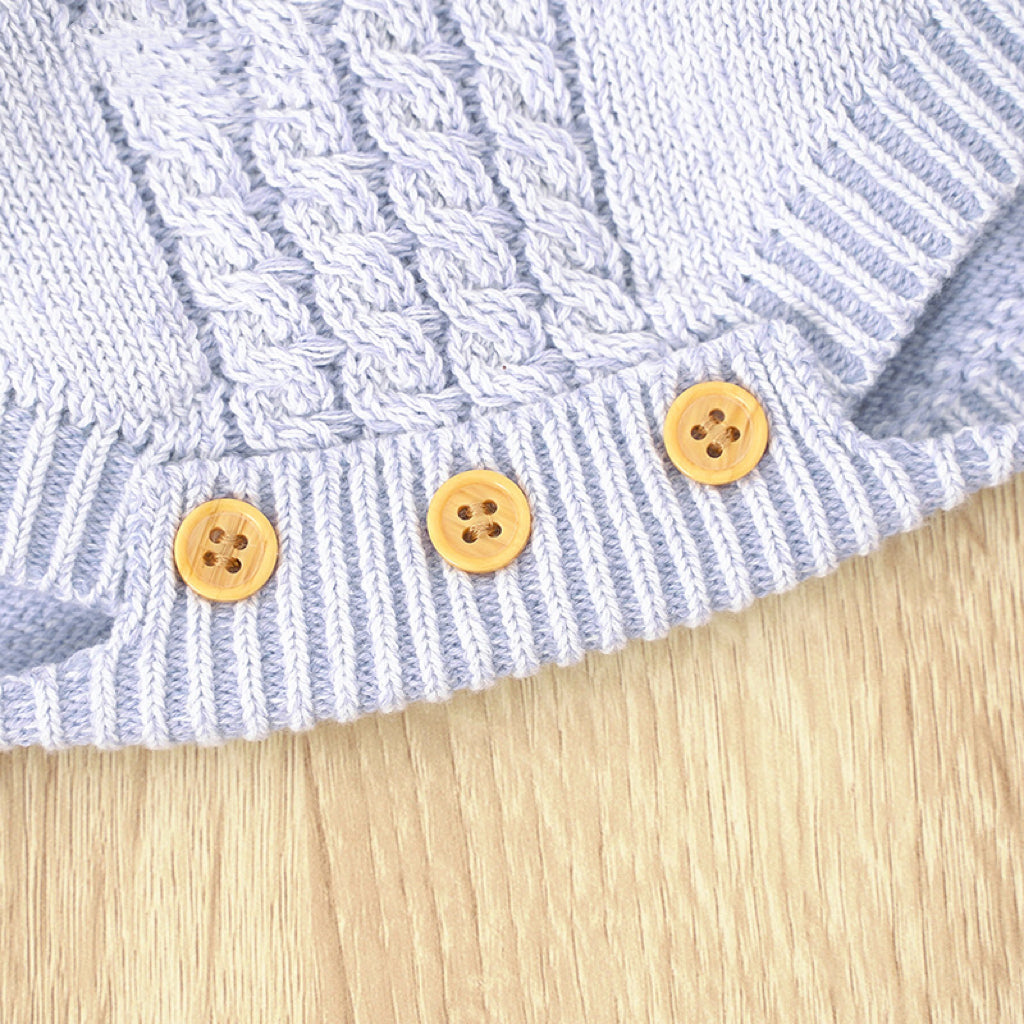 Baby Solid Color Crochet Knitted Design Sling Onesies in blue and green, showcasing soft cotton material and playful knitted design.