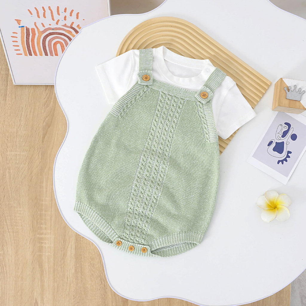 Baby Solid Color Crochet Knitted Design Sling Onesies in blue and green, showcasing soft cotton material and playful knitted design.