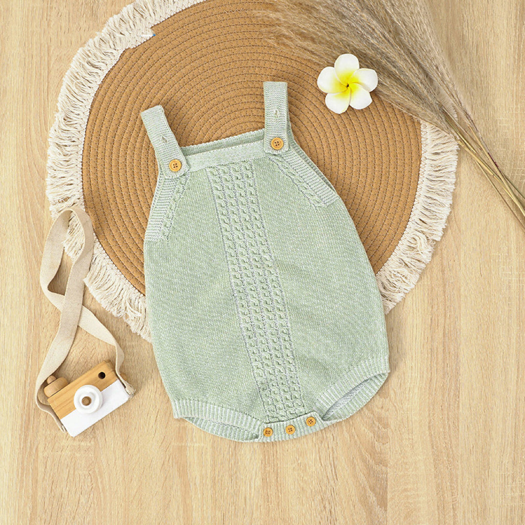 Baby Solid Color Crochet Knitted Design Sling Onesies in blue and green, showcasing soft cotton material and playful knitted design.