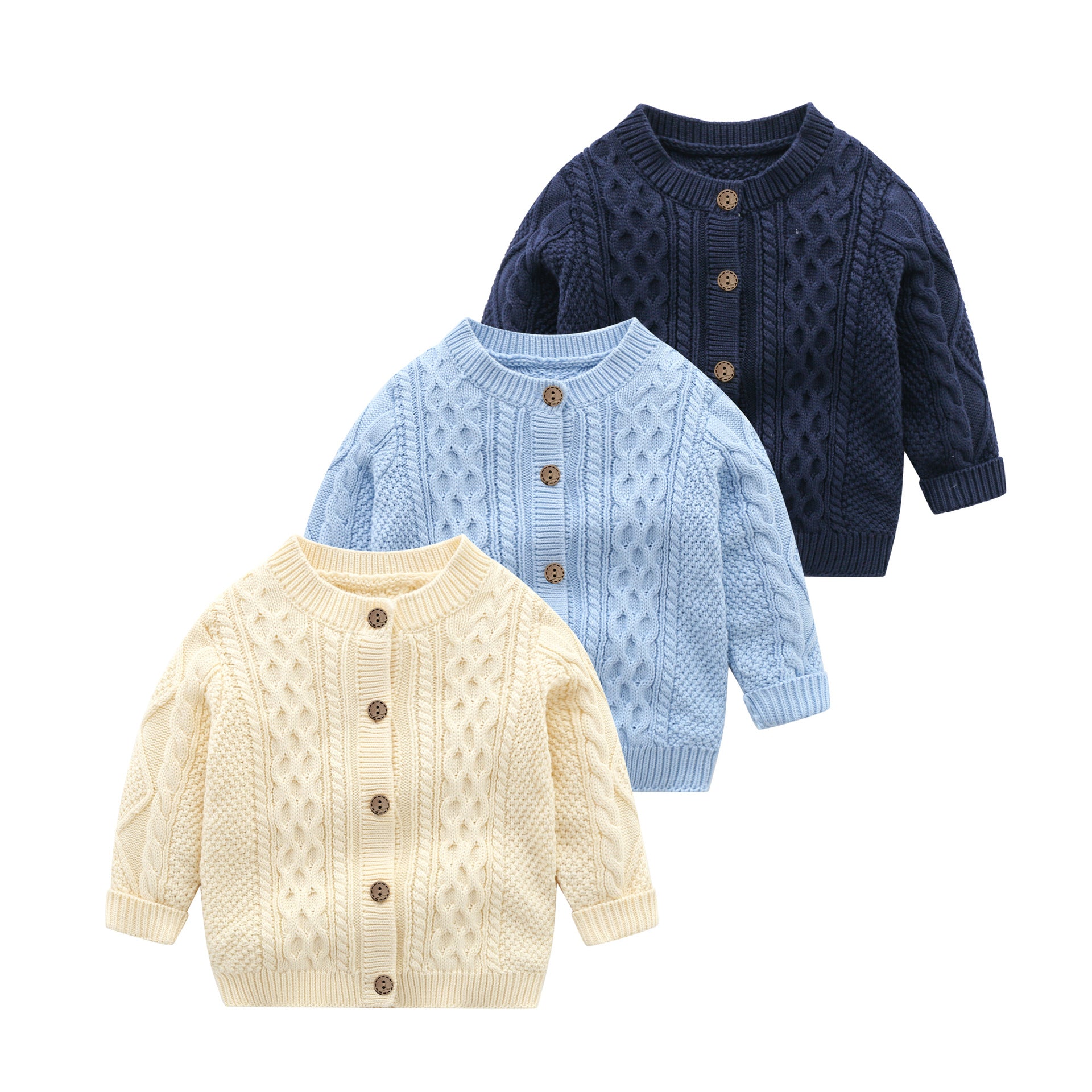 A soft crochet knitted baby cardigan in solid colors, featuring a single breasted design, perfect for both baby boys and girls.