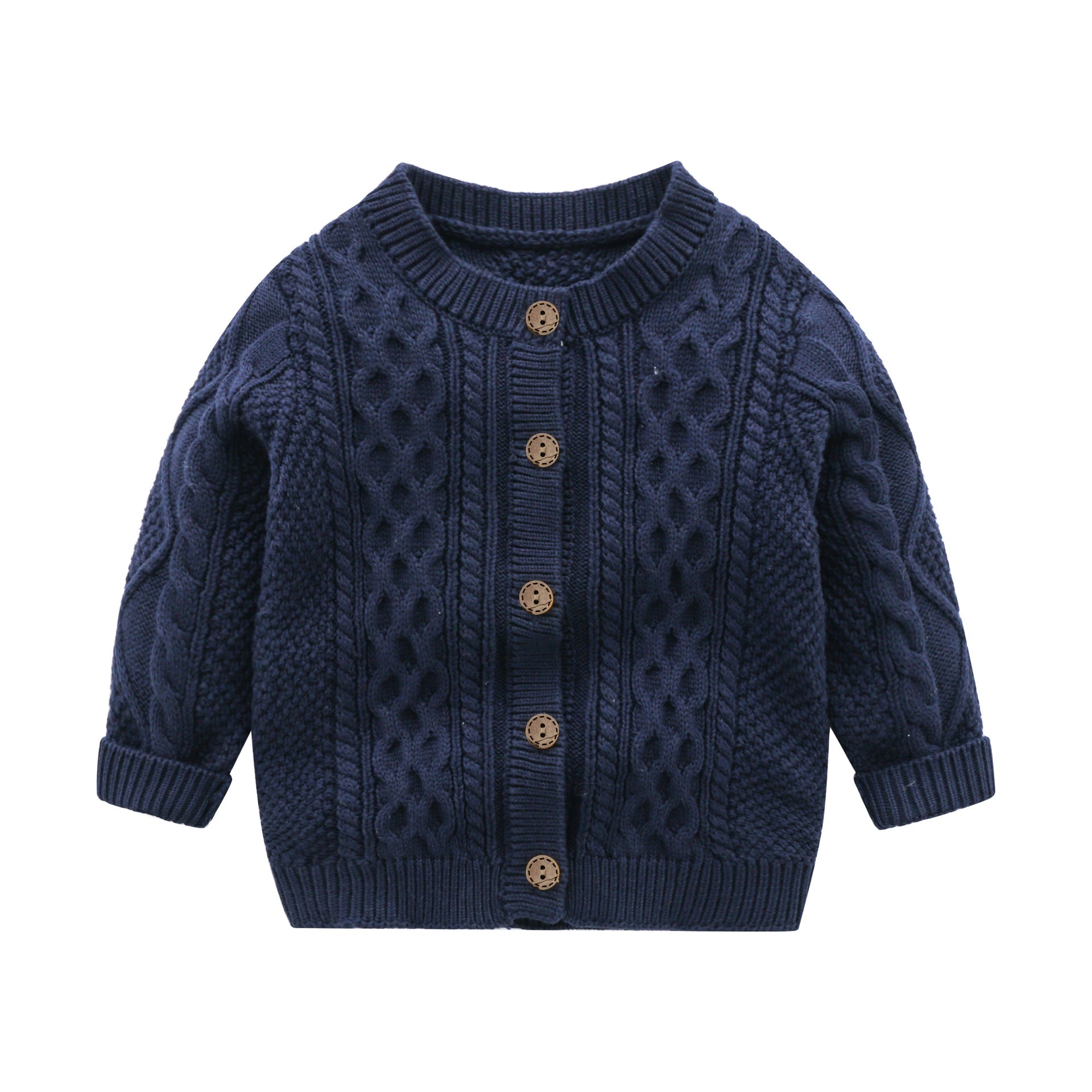 A soft crochet knitted baby cardigan in solid colors, featuring a single breasted design, perfect for both baby boys and girls.