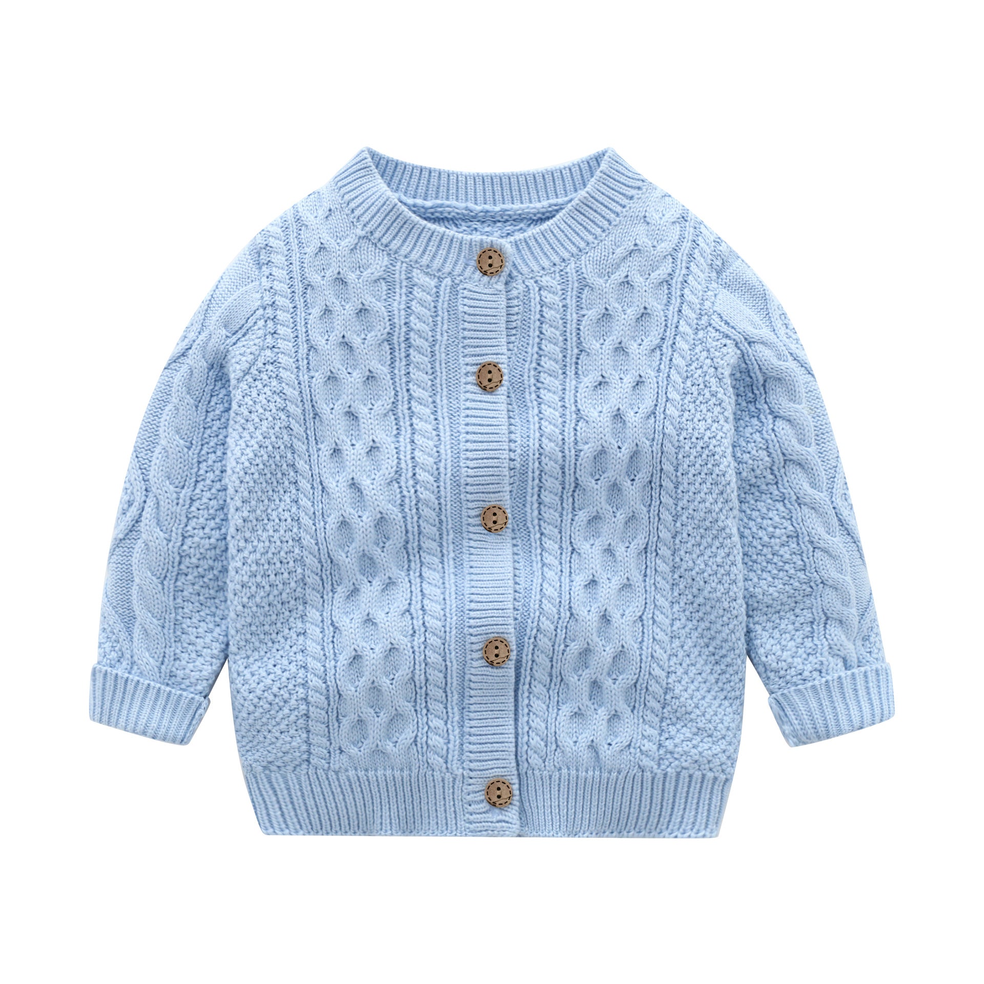 A soft crochet knitted baby cardigan in solid colors, featuring a single breasted design, perfect for both baby boys and girls.