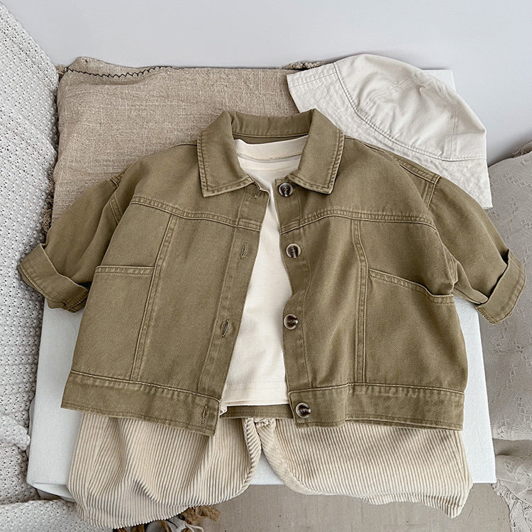 A stylish baby denim jacket in khaki and brown colors, showcasing a cool Japan style design suitable for both boys and girls.