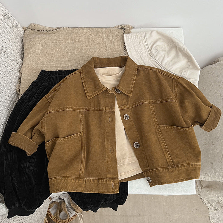 A stylish baby denim jacket in khaki and brown colors, showcasing a cool Japan style design suitable for both boys and girls.