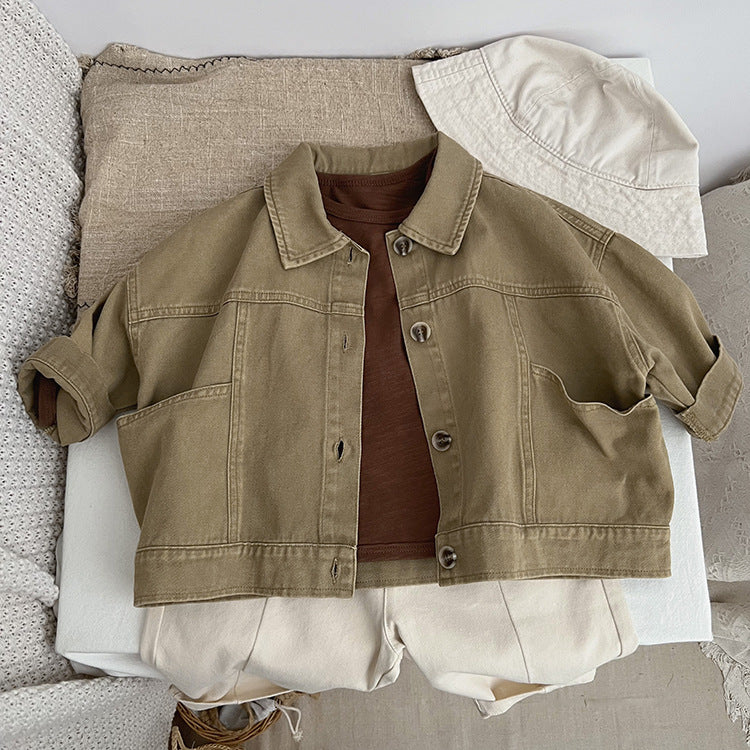 A stylish baby denim jacket in khaki and brown colors, showcasing a cool Japan style design suitable for both boys and girls.