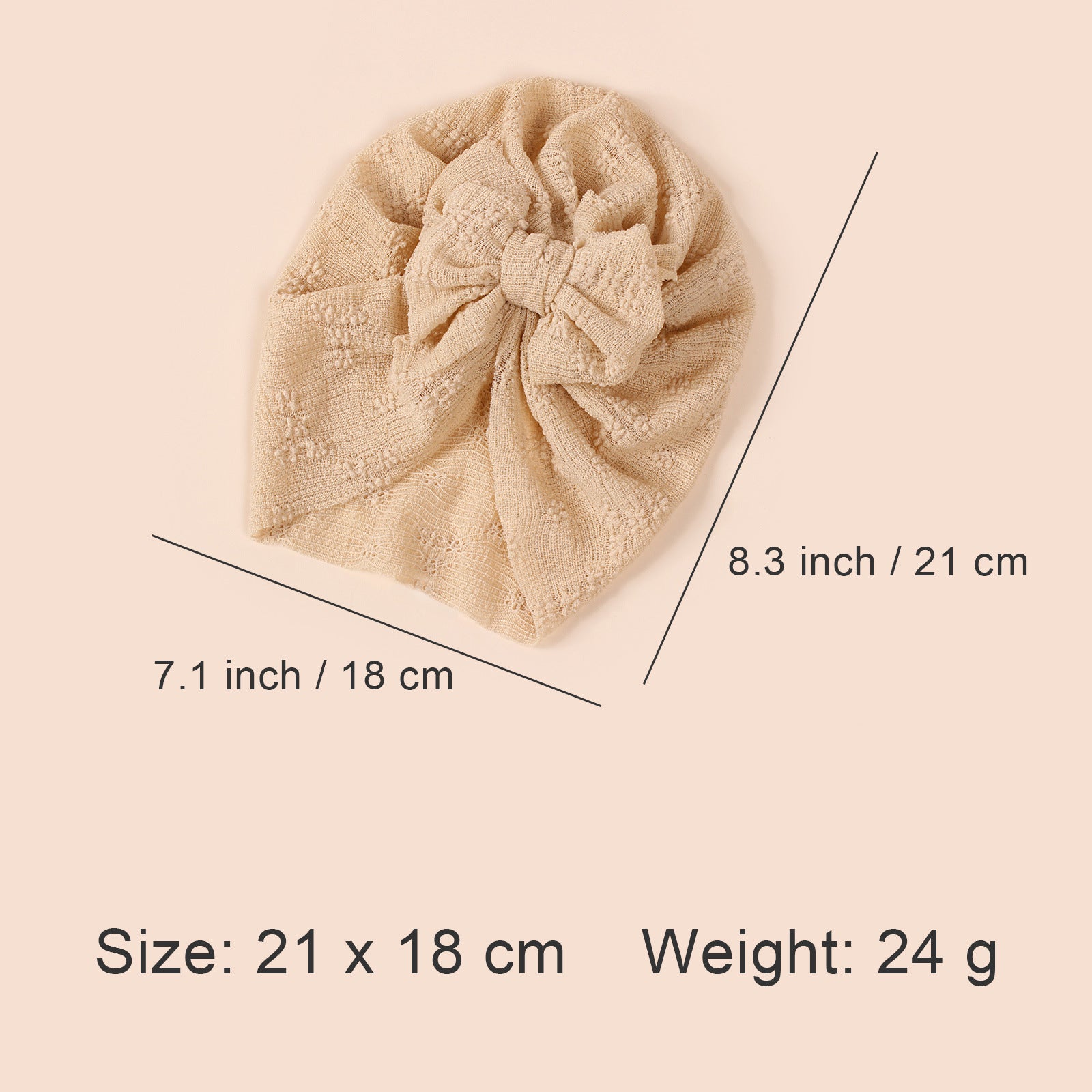 A collection of baby hats in solid colors including white, pink, blue, green, and beige, showcasing their elastic fit and breathable cotton material.