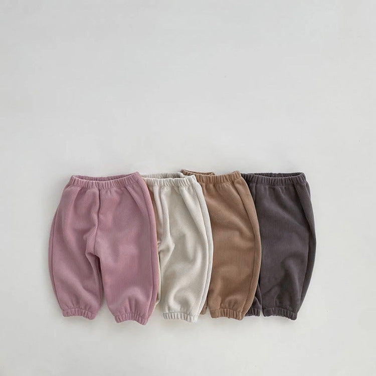 Baby Solid Color Fleece Thermal Lantern Pants in various colors, showcasing soft fleece material and lantern style design.