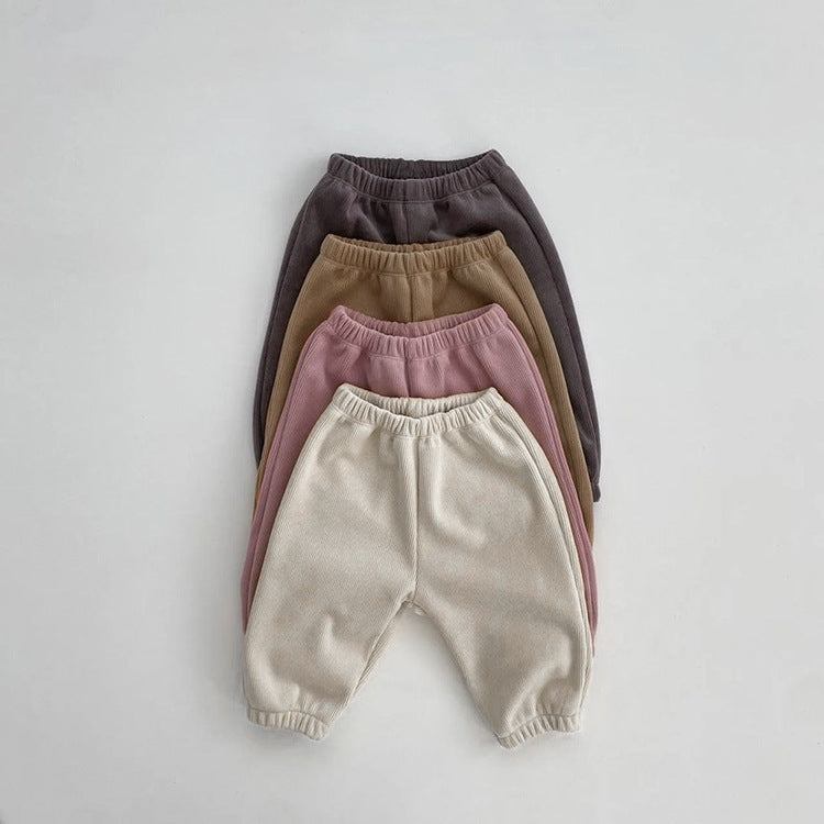 Baby Solid Color Fleece Thermal Lantern Pants in various colors, showcasing soft fleece material and lantern style design.