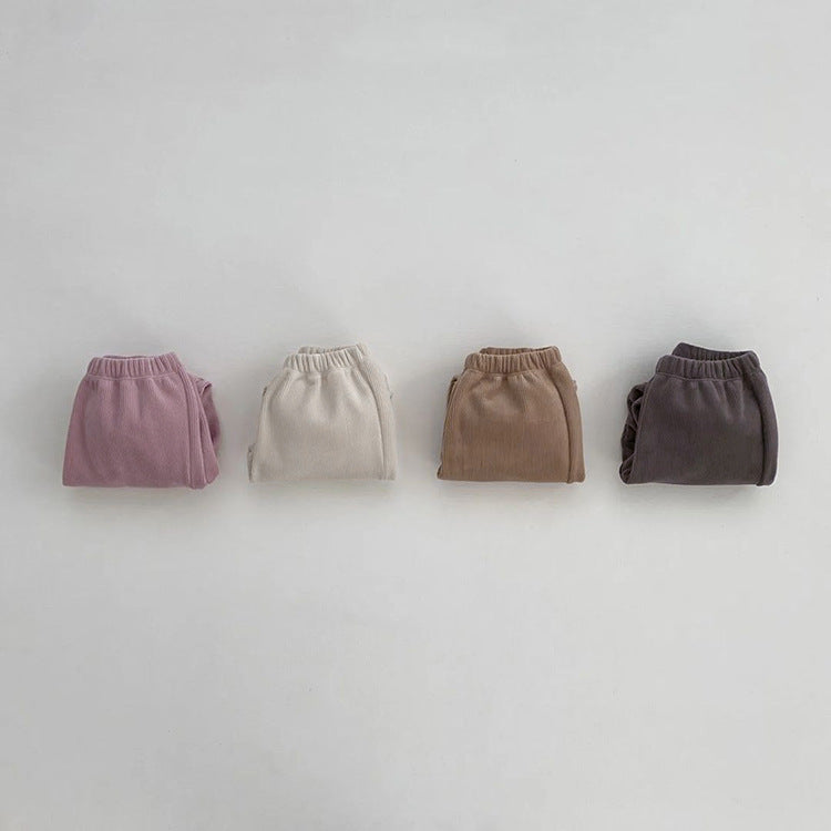 Baby Solid Color Fleece Thermal Lantern Pants in various colors, showcasing soft fleece material and lantern style design.