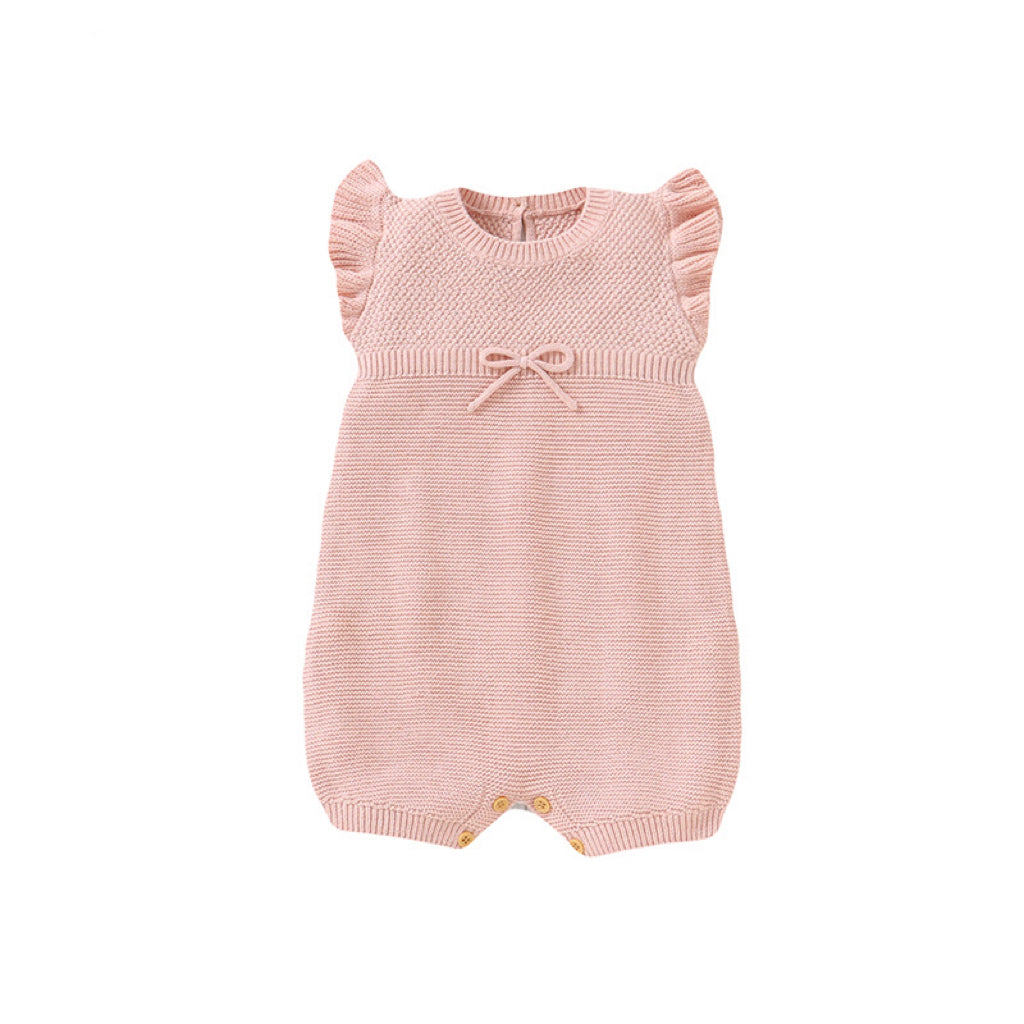 Baby Solid Color Flying Sleeves Sweet Knitted Rompers in pink and blue, showcasing soft cotton fabric and stylish design.