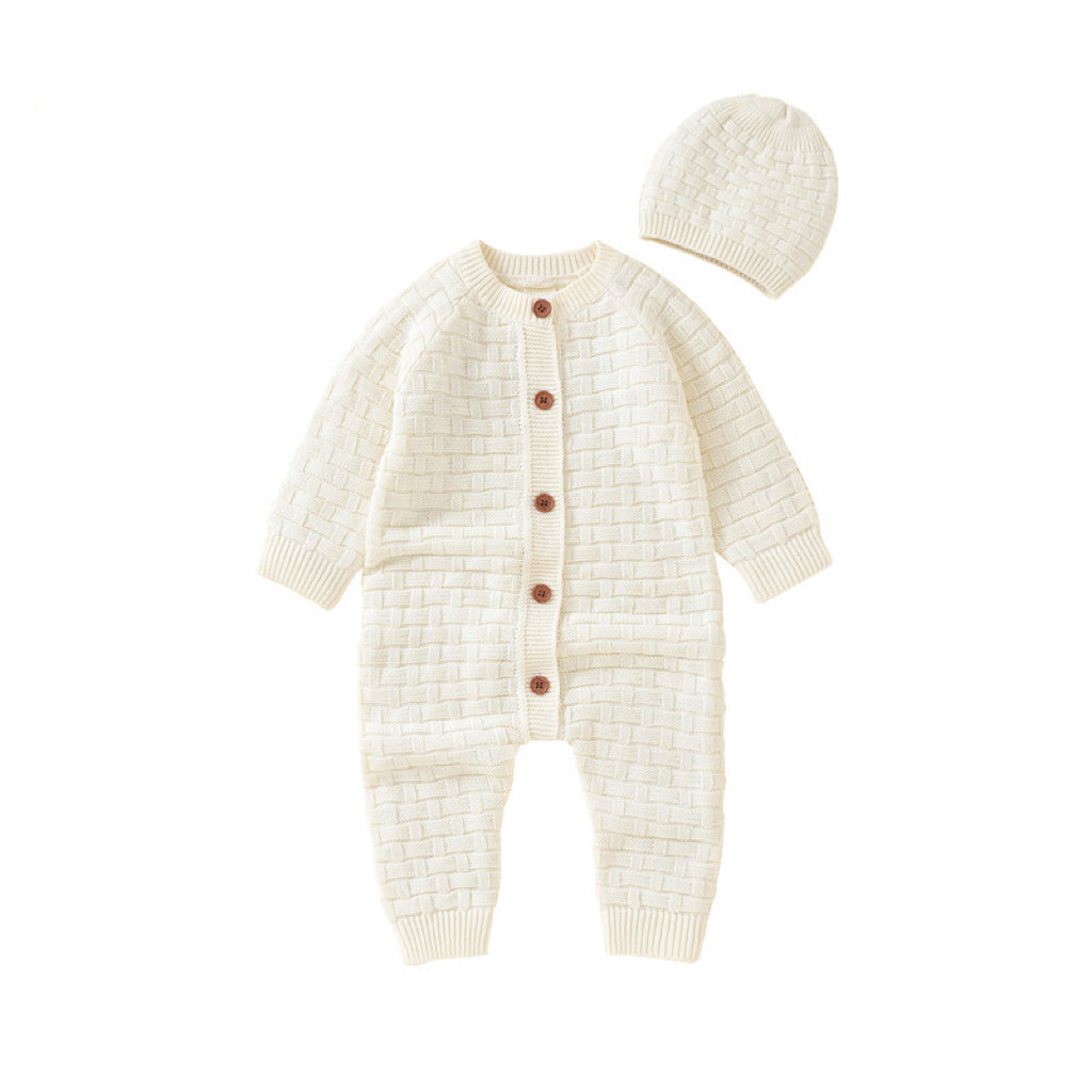 Baby Solid Color Full Button Design Knit Rompers in white, pink, and green, showcasing soft acrylic material and full-button front.