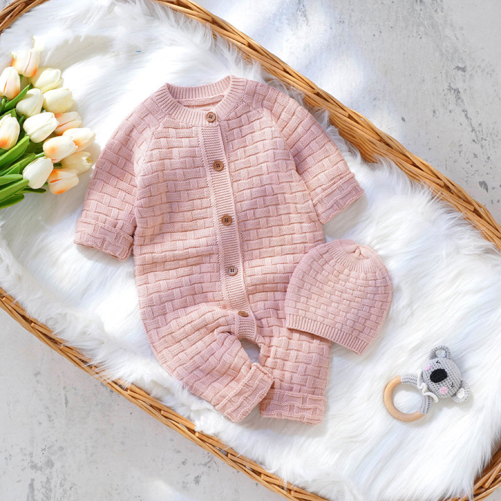 Baby Solid Color Full Button Design Knit Rompers in white, pink, and green, showcasing soft acrylic material and full-button front.