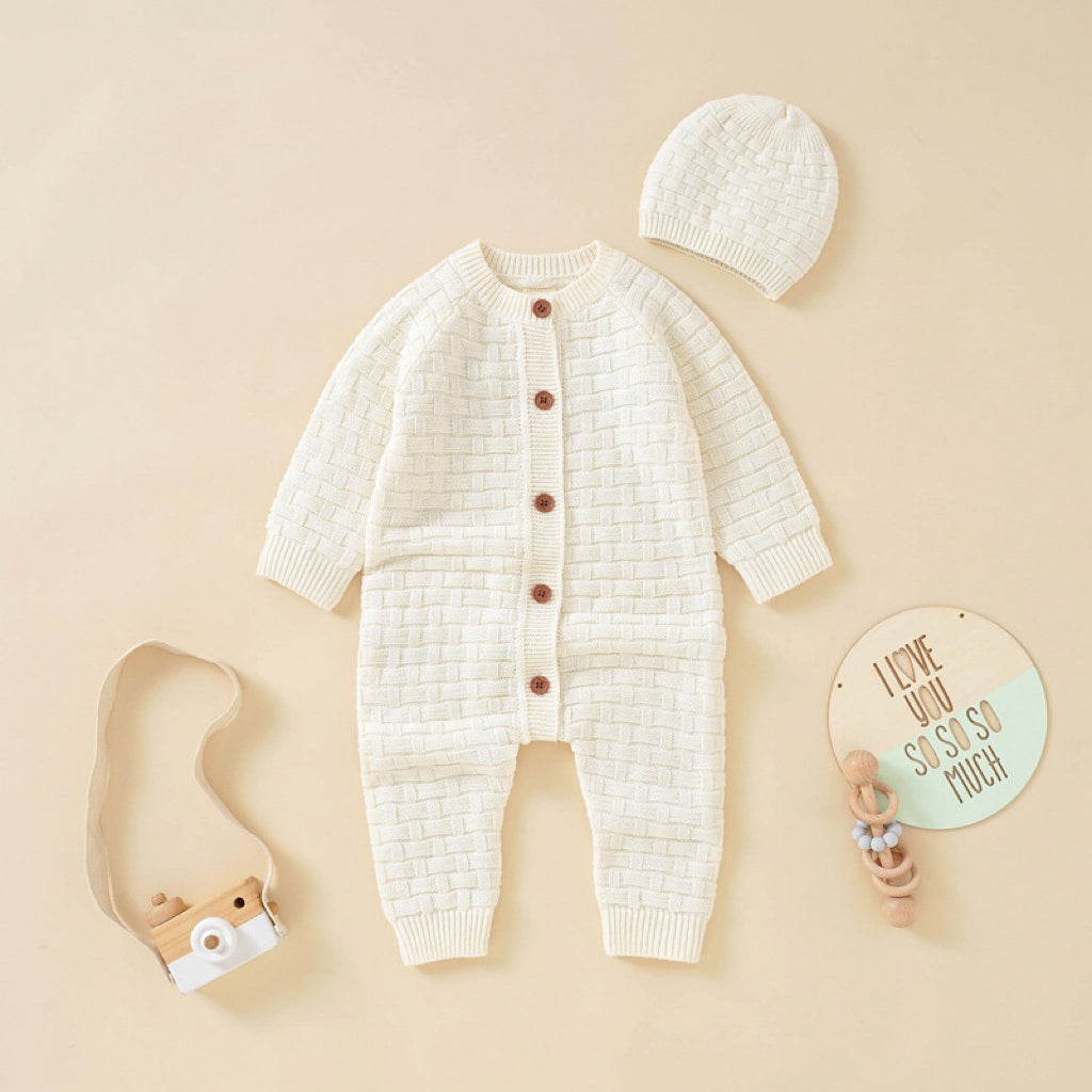 Baby Solid Color Full Button Design Knit Rompers in white, pink, and green, showcasing soft acrylic material and full-button front.