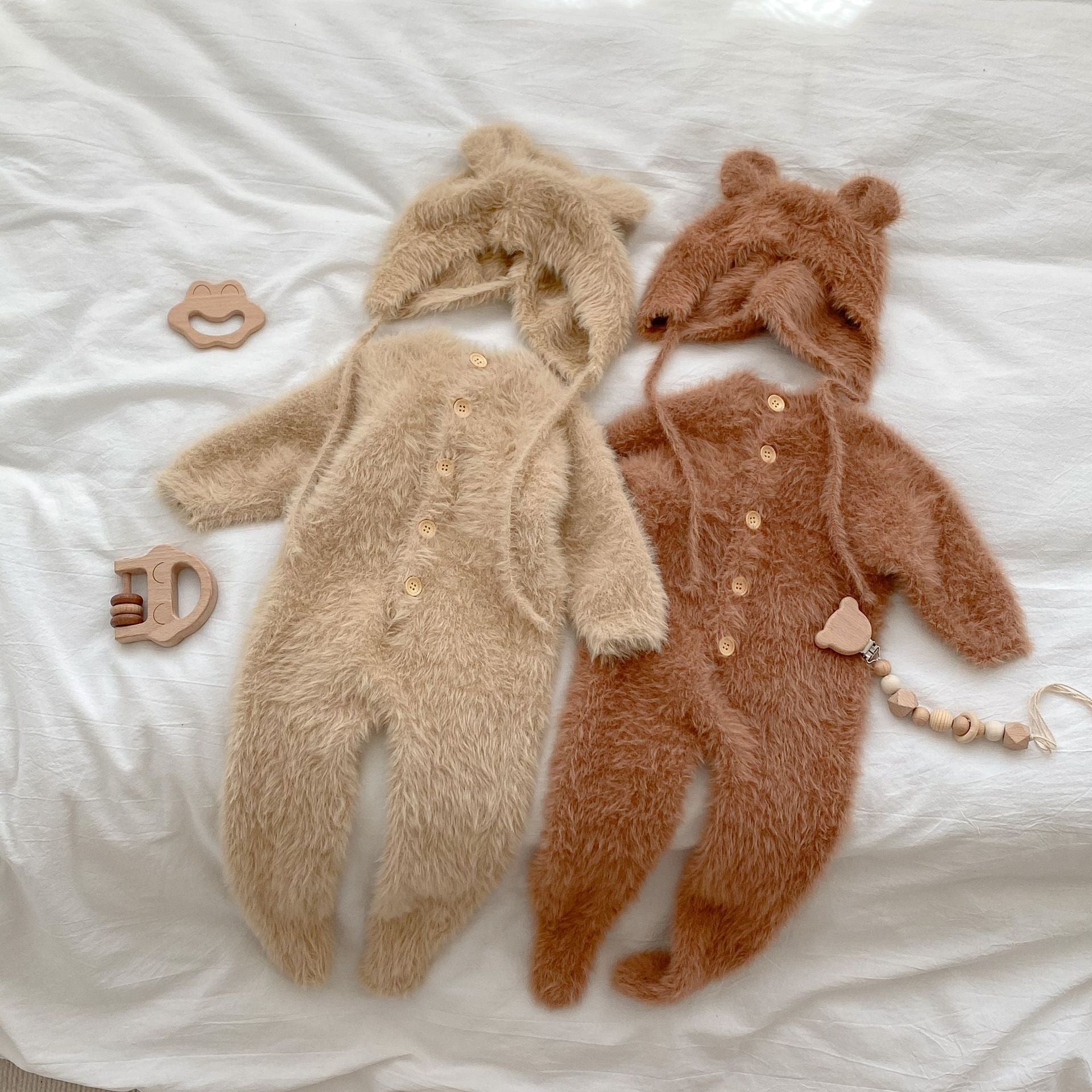 Baby Solid Color Full Button Design Soft Cotton Fleece Jumpsuit in khaki and brown, showcasing its soft texture and full button front.