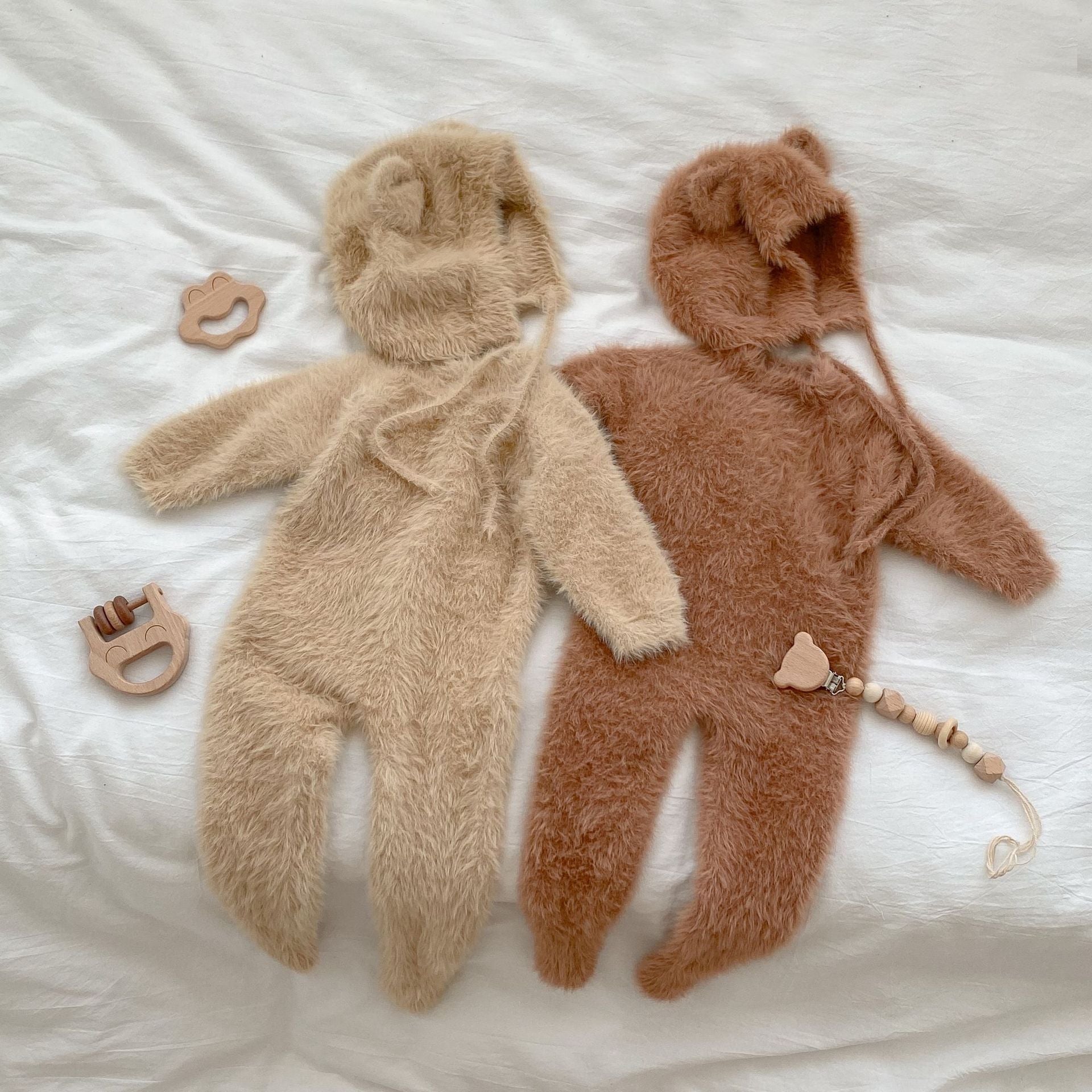 Baby Solid Color Full Button Design Soft Cotton Fleece Jumpsuit in khaki and brown, showcasing its soft texture and full button front.