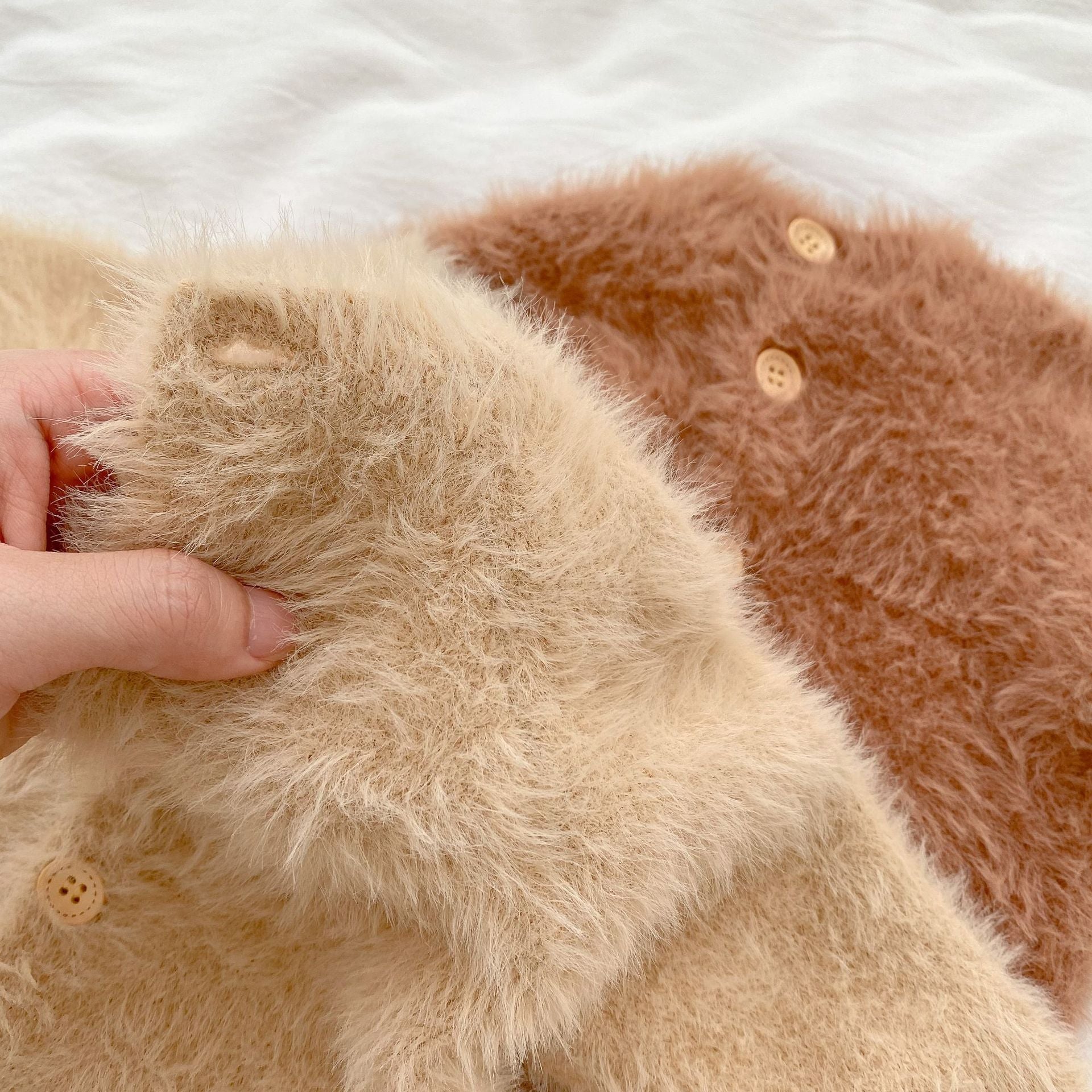 Baby Solid Color Full Button Design Soft Cotton Fleece Jumpsuit in khaki and brown, showcasing its soft texture and full button front.