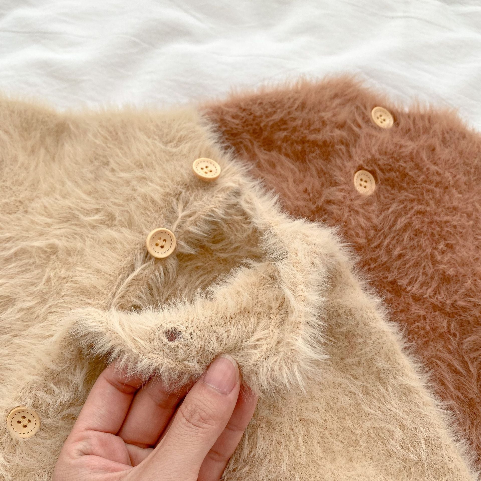 Baby Solid Color Full Button Design Soft Cotton Fleece Jumpsuit in khaki and brown, showcasing its soft texture and full button front.