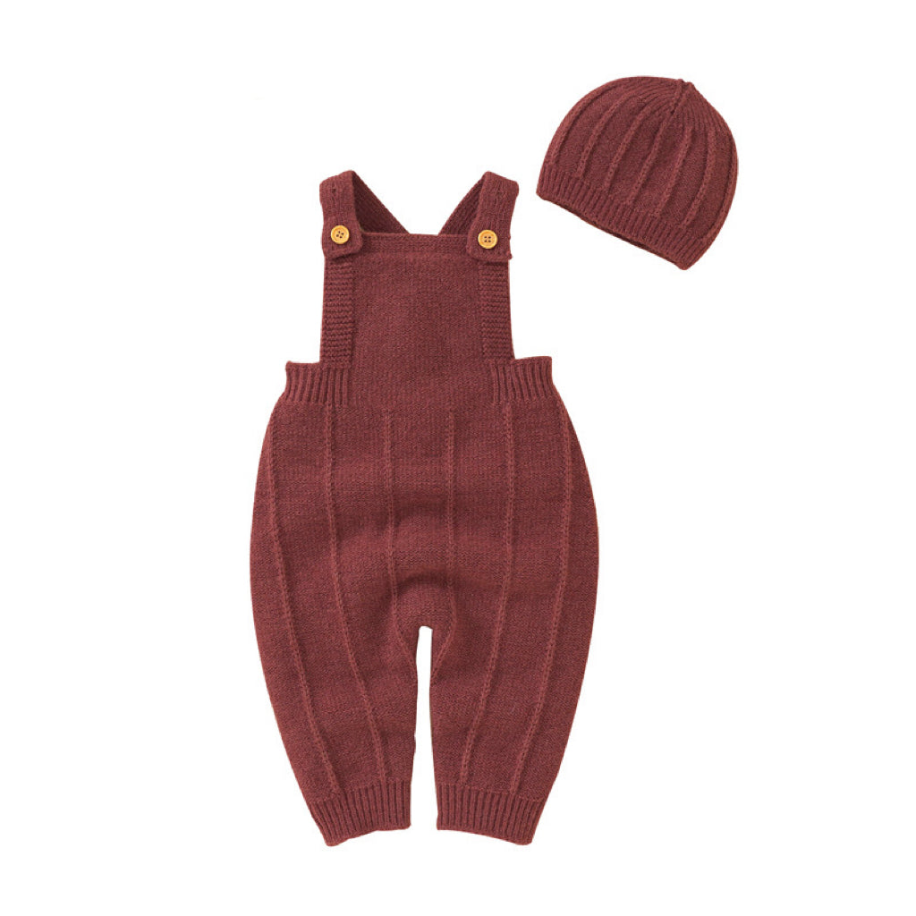Baby Solid Color Knitted Sling Romper with Hat Sets in red, blue, and grey, featuring ruffles and a cozy design for infants.