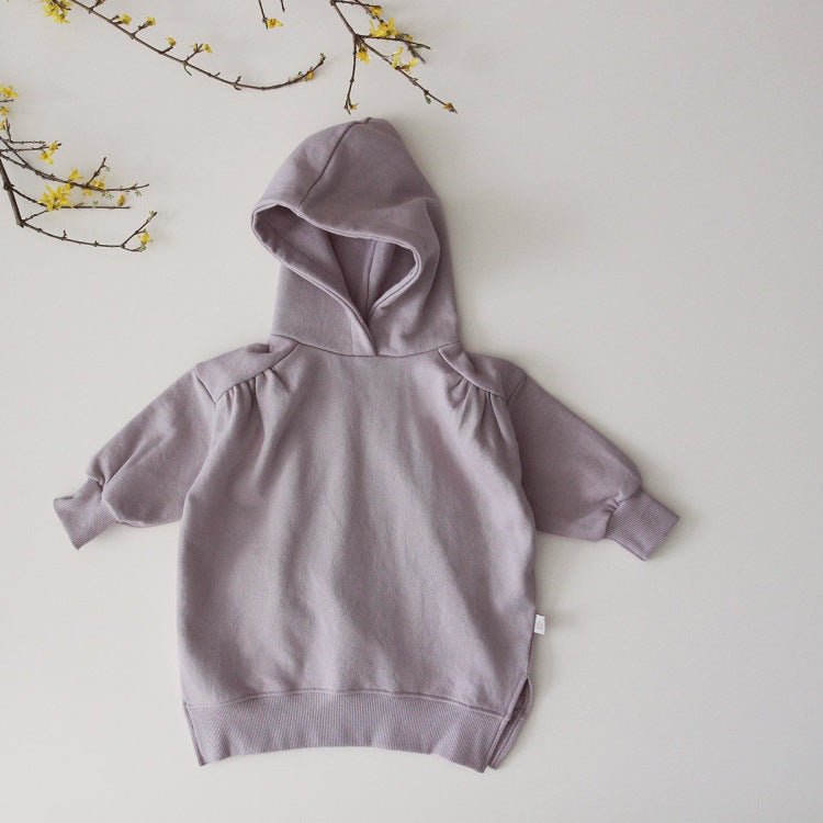 A vibrant purple and apricot baby hoodie with long sleeves, showcasing a stylish Korean design made from soft cotton fabric.