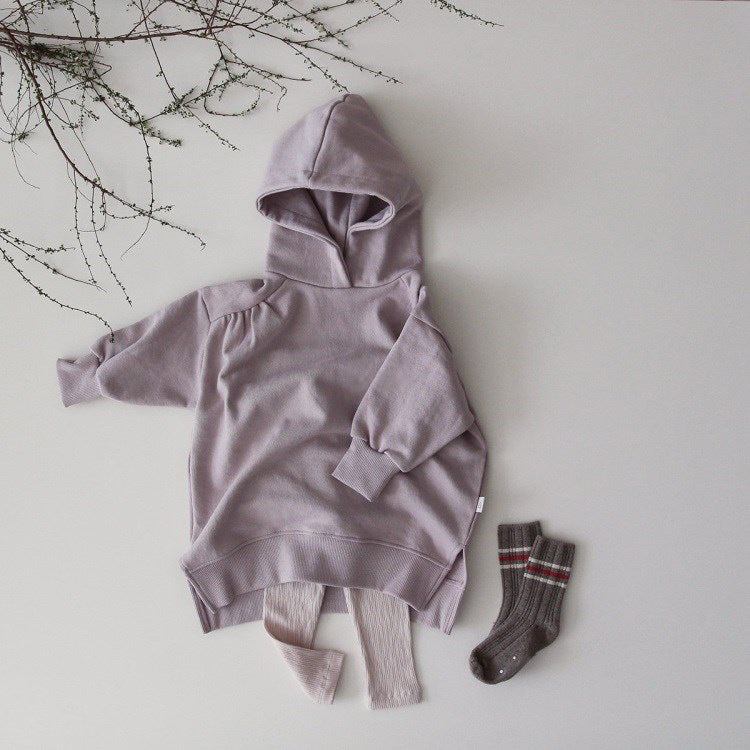 A vibrant purple and apricot baby hoodie with long sleeves, showcasing a stylish Korean design made from soft cotton fabric.