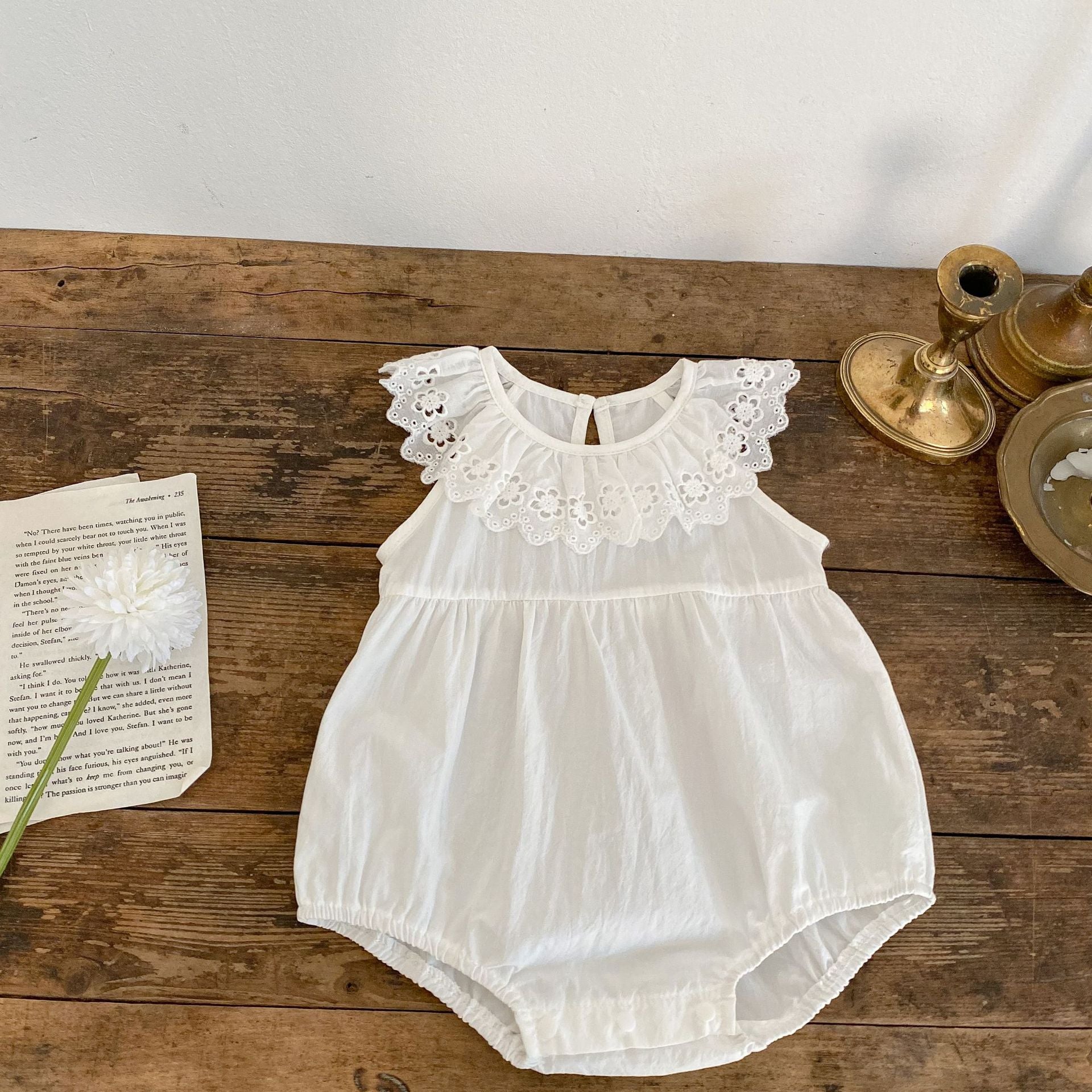 Baby Solid Color Mesh Doll Neck Sleeveless Onesies in white and brown, showcasing soft cotton fabric and stylish doll neck design.